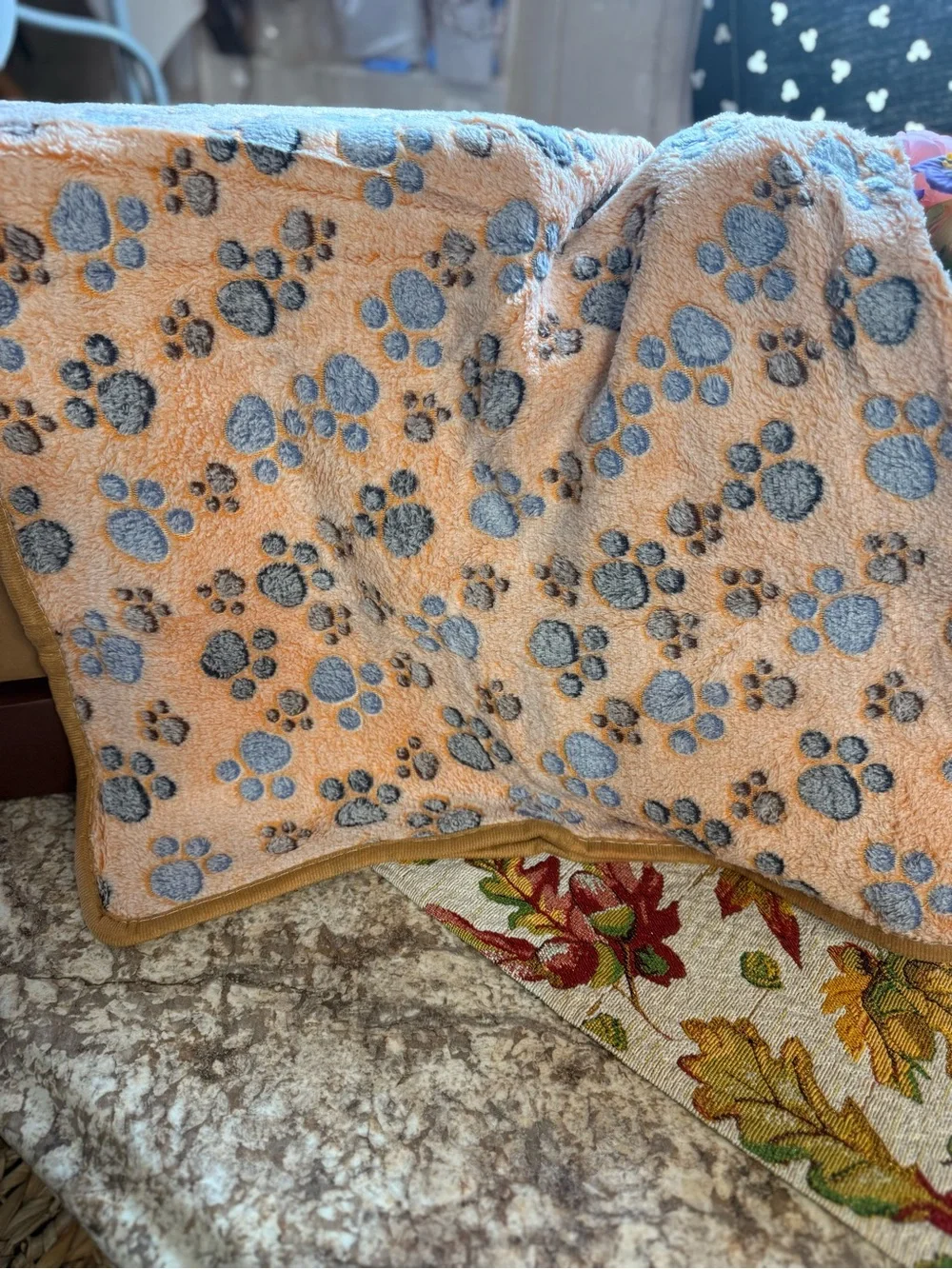 Plush Paw-Print Throw Blanket - Gray with Orange & Blue Accents dog blanket